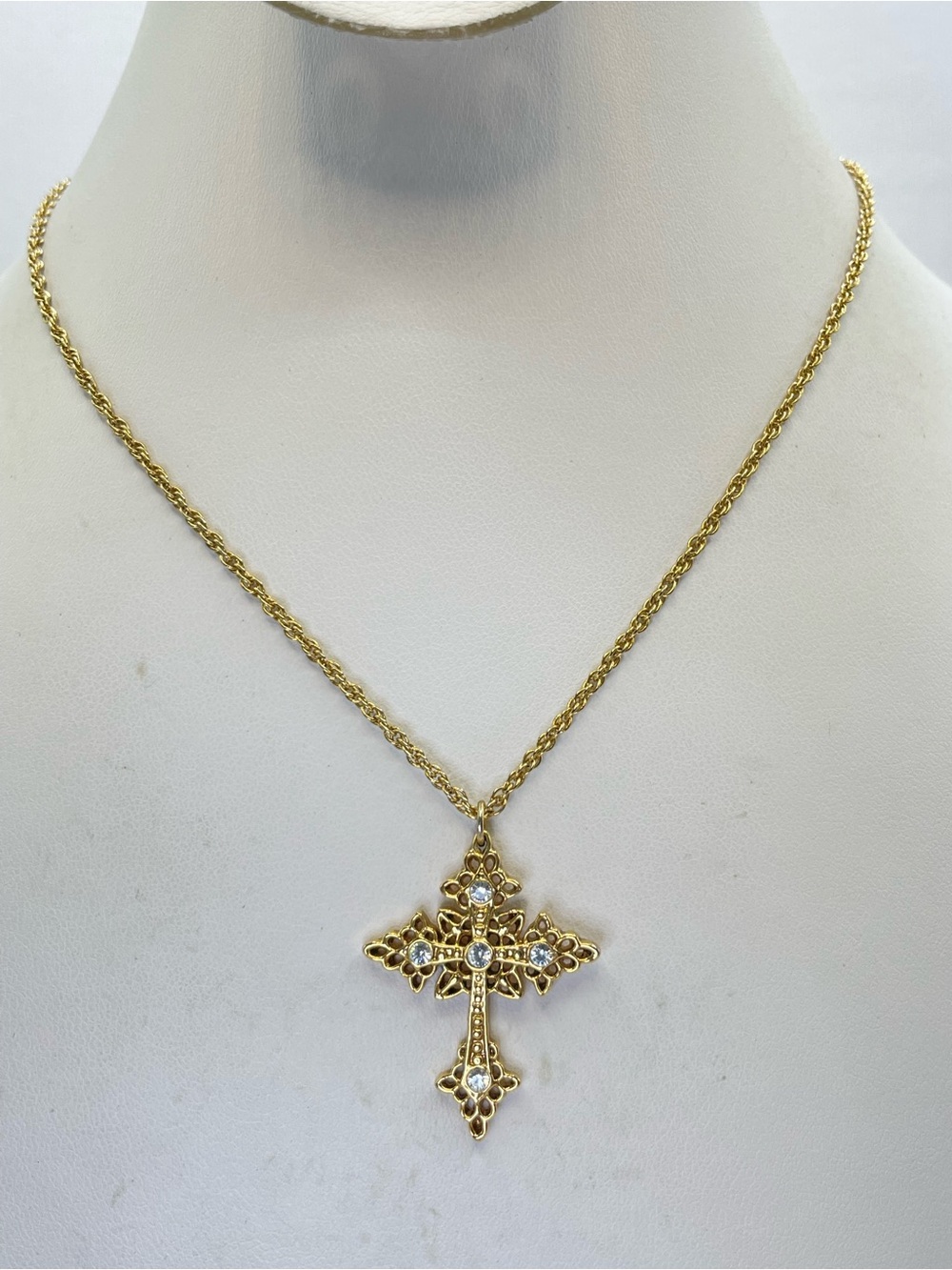 1928 Gold Tone Crystal Cross Necklace Vintage Filigree Faith Pendant